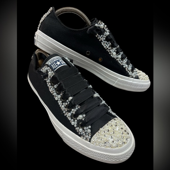 BLING Converse Chuck Taylor Custom Low Top Sneakers Womens 11 Black Pearl Event - Picture 3 of 9